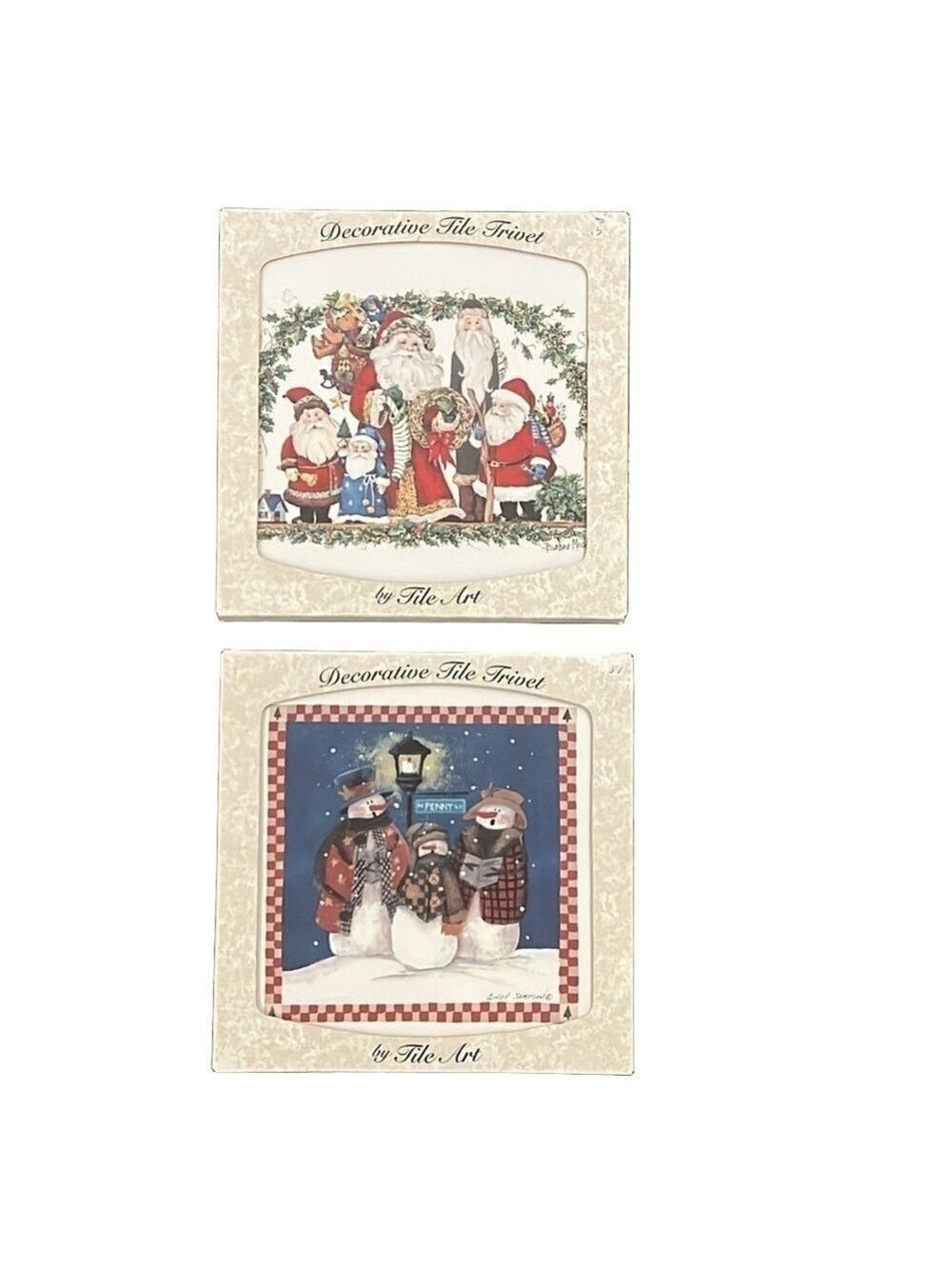 Vintage Christmas Decorative Tile Trivet/ Santa Claus, Snowmen Singing/ Presents